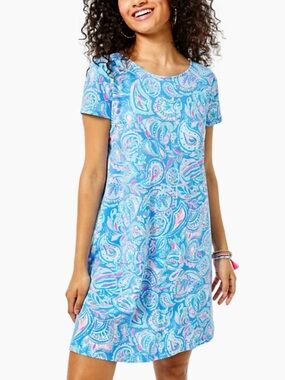 Lilly Pulitzer KIMI T-SHIRT SWING DRESS Zanzibar Blue Fish Kiss Size L EUC